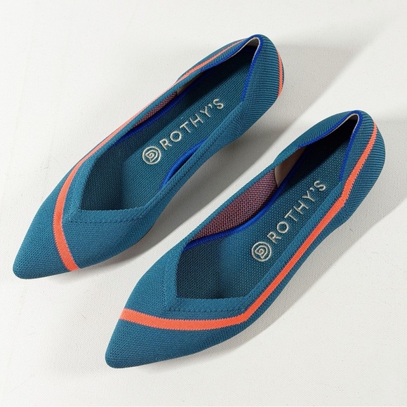 Rothy's Pointed Knit Flats Teal Blue/Neon Stripe Preppy Casual Retired Size 9 - Picture 2 of 15